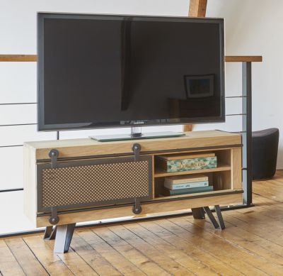 Colton Meuble TV rectangulaire avec cheminée à bûches pour TV jusqu'à 55  Chêne blanc/gris