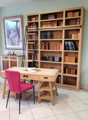 Bureau Ferrante, Bureau multiposition avec bibliothèque, Table d'étude  d'angle avec 1 porte, 111x82h139 cm, Blanc et Chêne Nodi